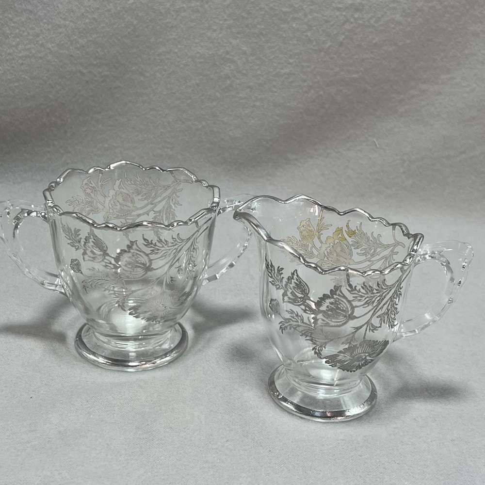 Silver City Poppy Flanders Clear Glass Silver Overlay Vintage Creamer Sugar Set